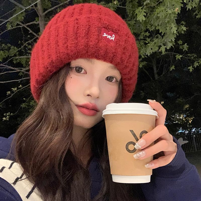 [My head is not round] Ankola red white warm knitted hat autumn and winter ear protection small wool hat