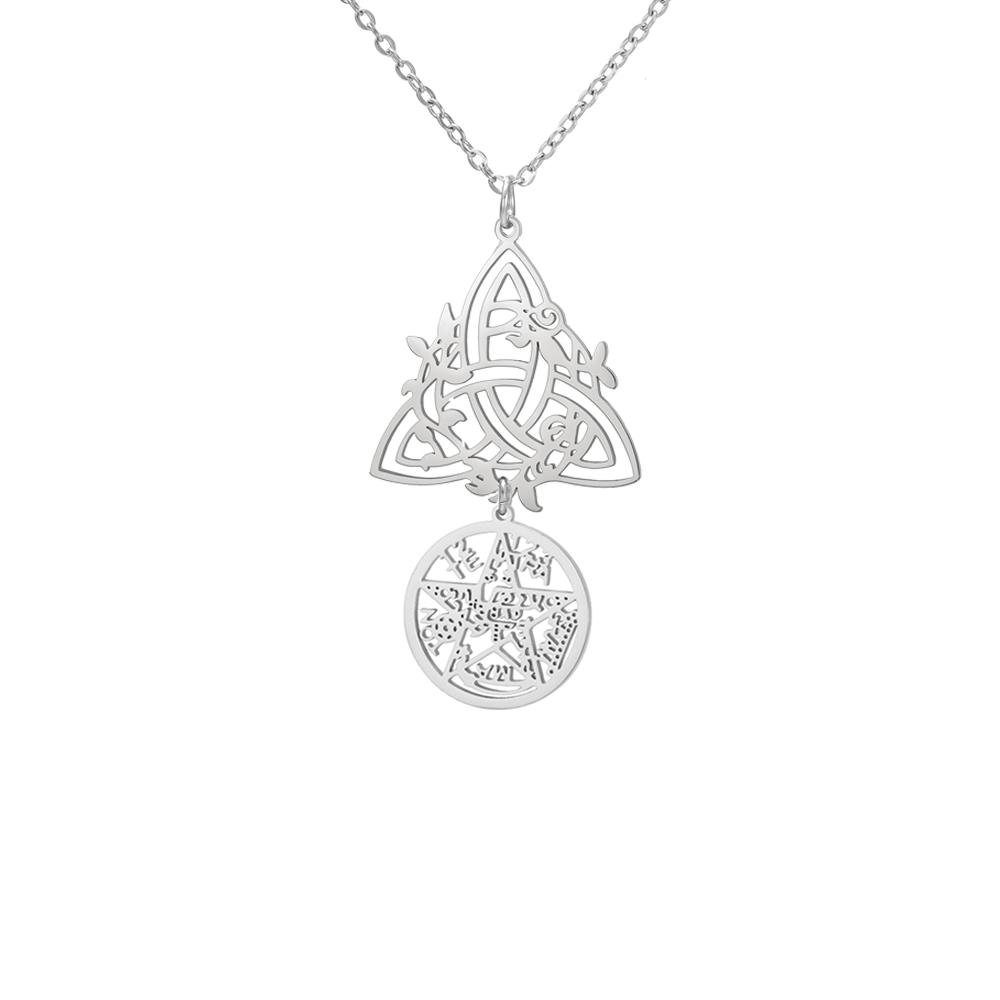 Collar Doble Amuleto Protección Nudo de Bruja Pentagrama Tetragrammaton Acero Inoxidable Joyería de Protección Venta al por Mayor