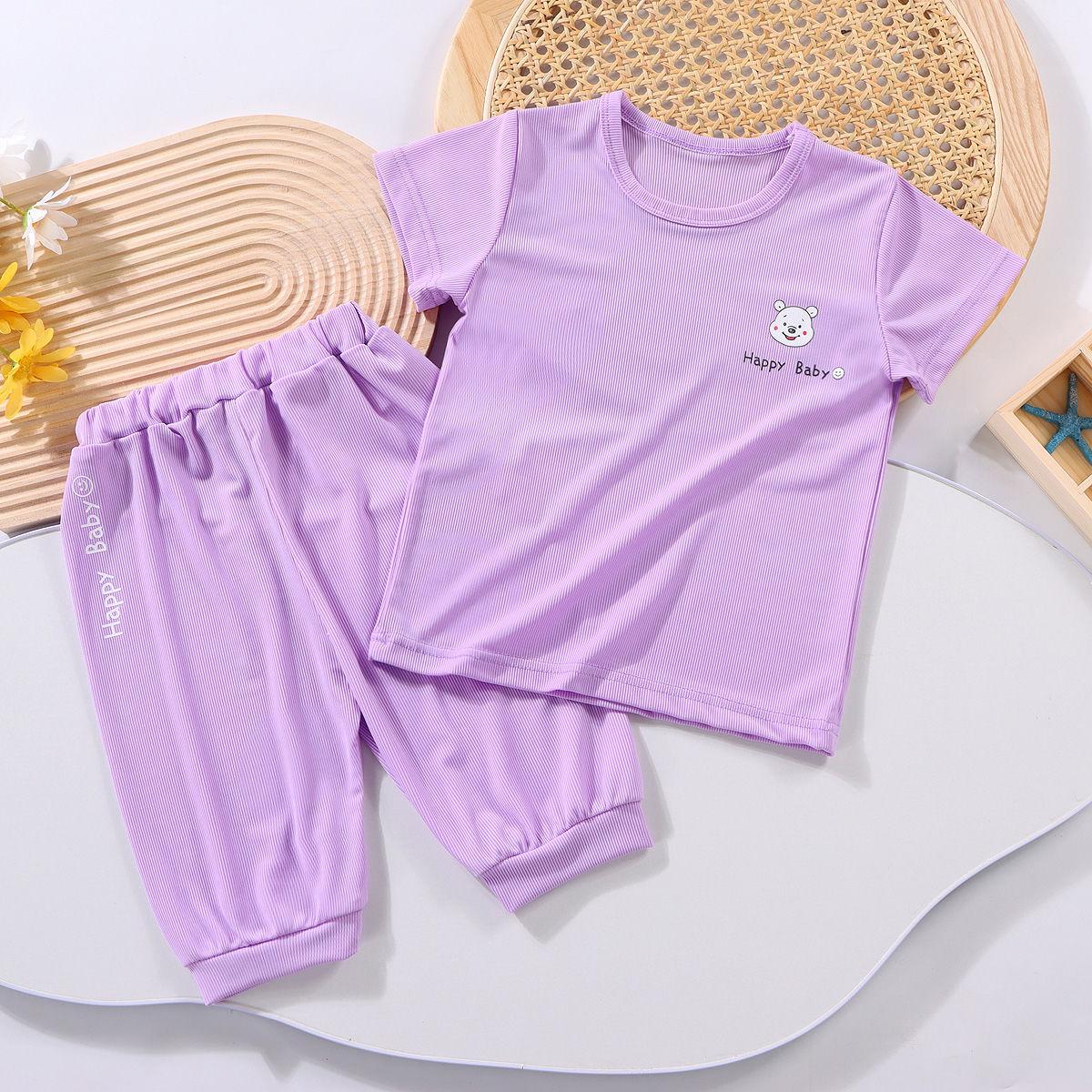 

Летний комплект для мальчиков, тонкий топ с короткими рукавами и короткими рукавами для девочек, укороченные брюки, комплект верхней домашней одежды 110 фиолетовый