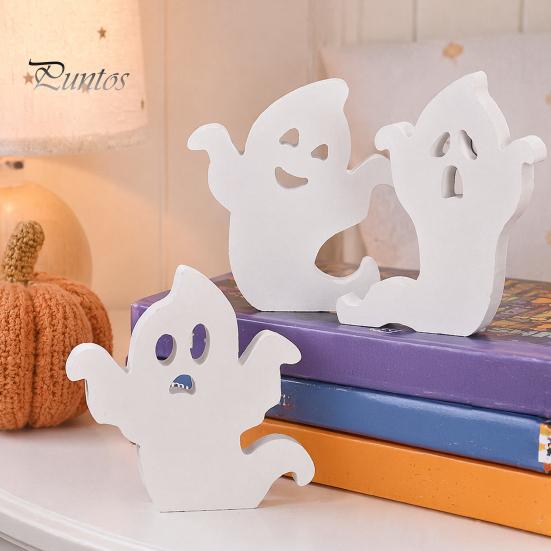 Modern Farmhouse Halloween Accents Cute Ghost Wooden Table Sign, Spooky White Standing Handmade Craft Block Sign for Holiday Tiered Tray Centerpiece,