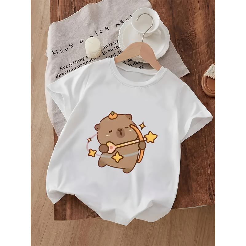 Kids Pufferfish & Star Print Crewneck Casual Short Sleeve Tee , Summer Gift