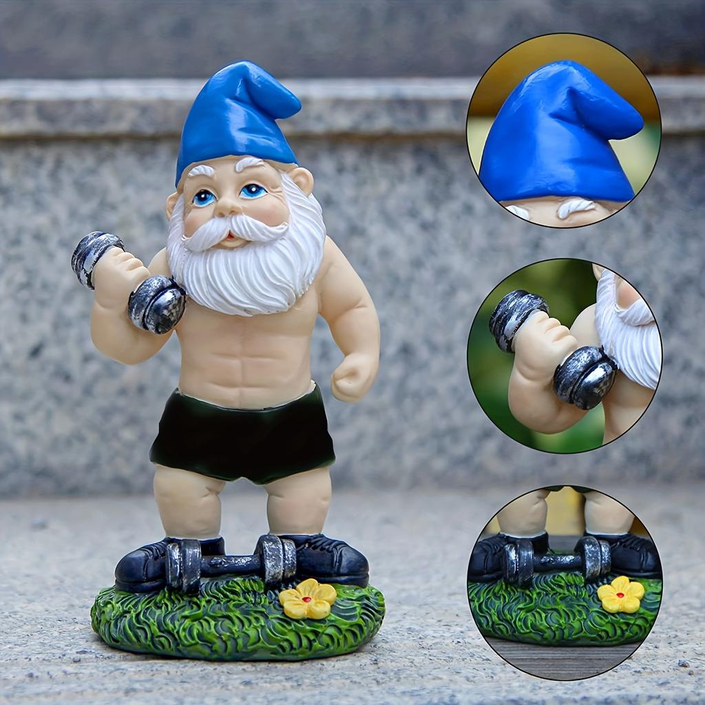 Outdoor Fun Fitness Dumbbell Weightlifting Gnome Courtyard, Lawn, Terrace, Indoor Gnome Statue Decoration