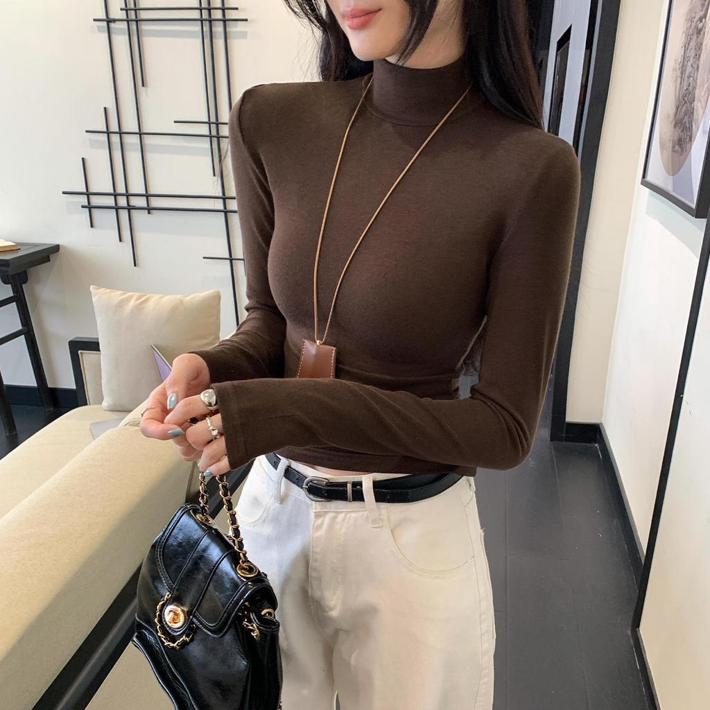 T-shirt Invernale da Donna Grigia a Collo Alto Slim-Fit Manica Lunga - Stile Trendy 2026