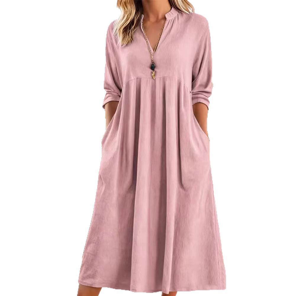 2029 Spring Women's Retro V-neck Cotton Linen Dress with Pockets