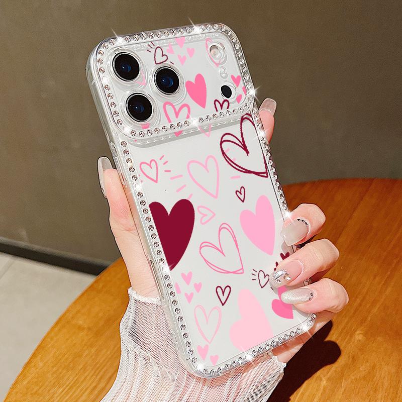 Pink Hearts Eye Pattern Diamond Case For iPhone 17 Pro Max Funda iPhone 16 Pro Max 15 14 13 11 Clear TPU Silicone Soft Cover