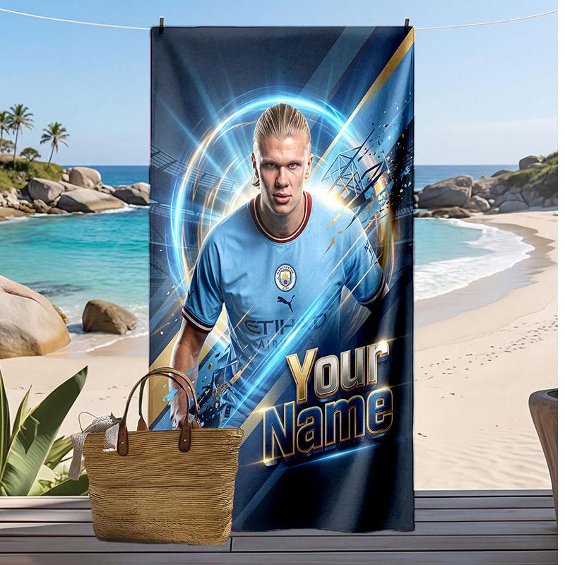 Erling Haaland Personalized Printed Beach Towel Soccer Logo Support Custom Name Text Absorbent Towel For Sport Travel Special Gift