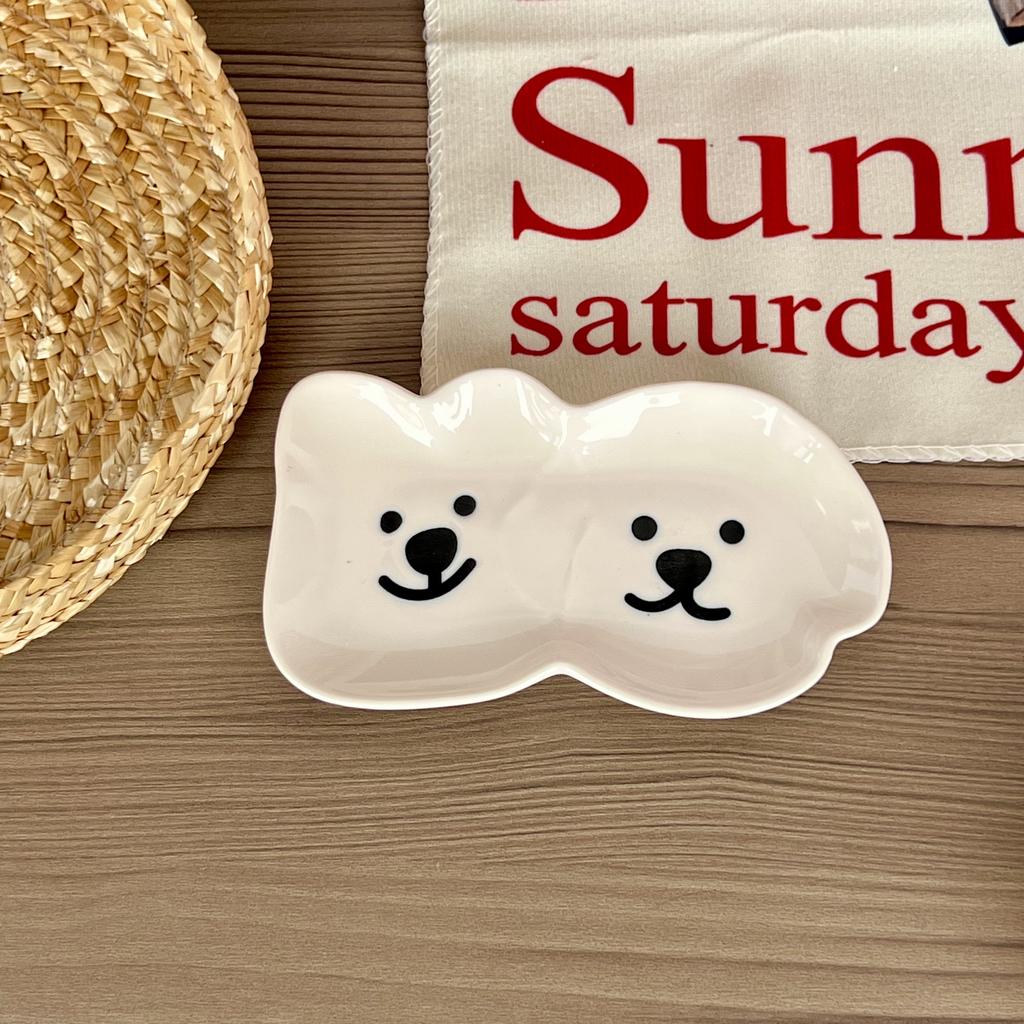 Adorable Ceramic Sauce Dish with Cute Dog & Bear Design - Single/Double Compartment Dip Bowl for Condiments, Snacks, Sushi, Soy