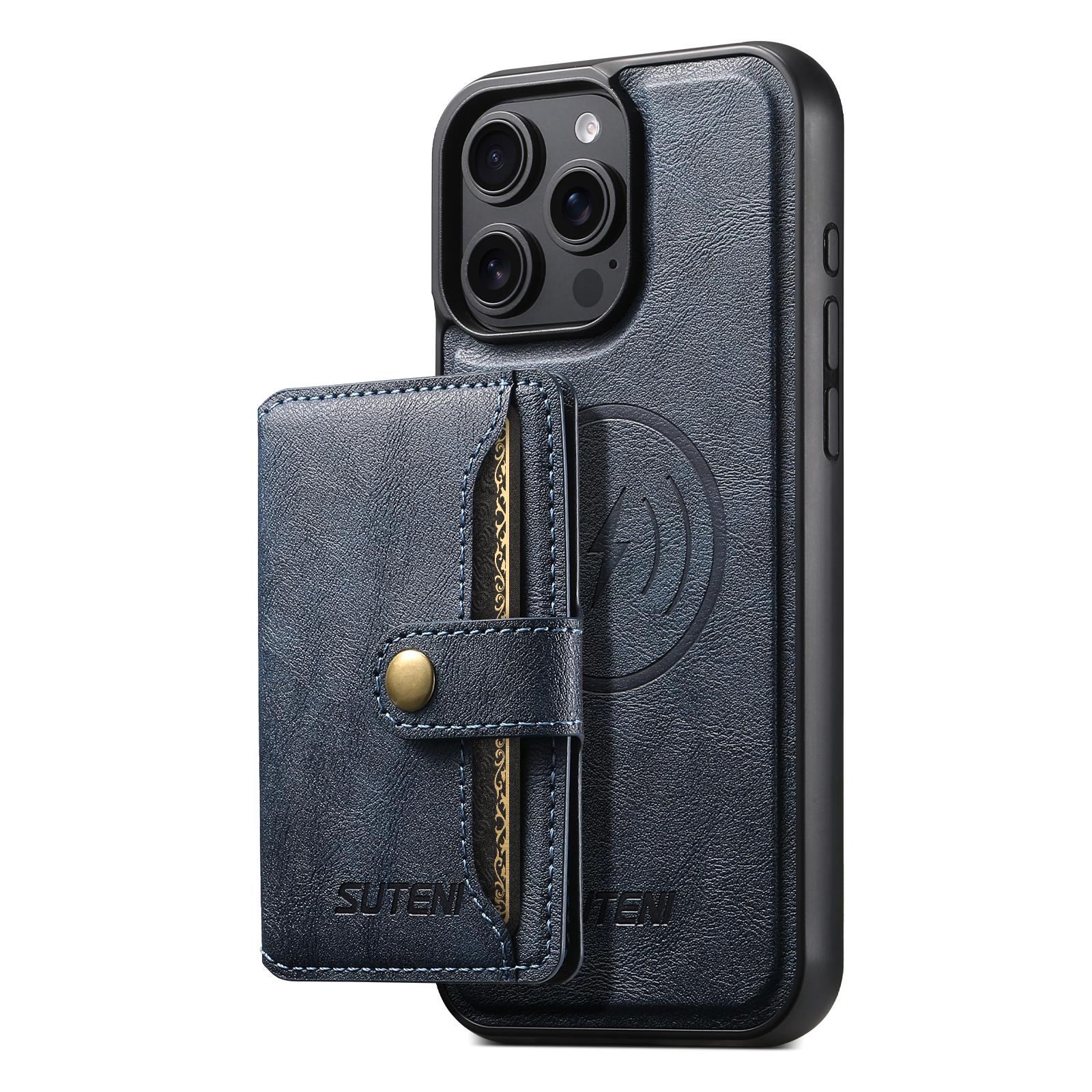 

SUTENI M4 For iPhone 14 Pro Max Magnetic Case with Card Holder Cowhide Texture Leather Back Cover Blue