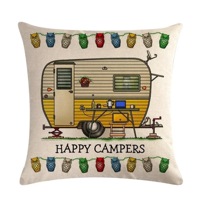 Happy Campers Cartoon Caravanning Linen Cushion Covers Vintage Pillowcase Livingroom Sofa Modern Decorative Throw Pillows Cover-,(2) 30x30cm