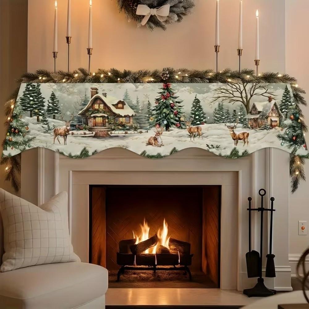 Santa Claus Mantel Topper Snow Landscape Xmas Mantel Decor Fireplace Shelf Cover Winter Holiday