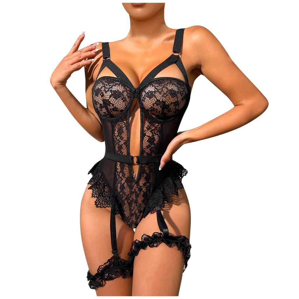 New Fun Underwear Sexy Black Lace Lace Pattern Mesh Women's Bodysuit Charm Underwear Set