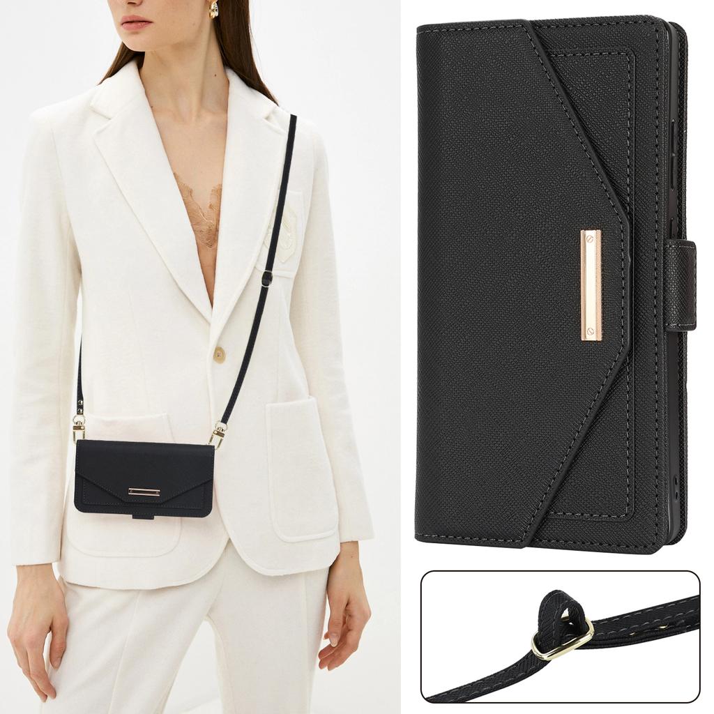 For Samsung Galaxy S25 Ultra Stand Case Cross Texture PU Leather Wallet Phone Cover with Shoulder Strap/Makeup Mirror