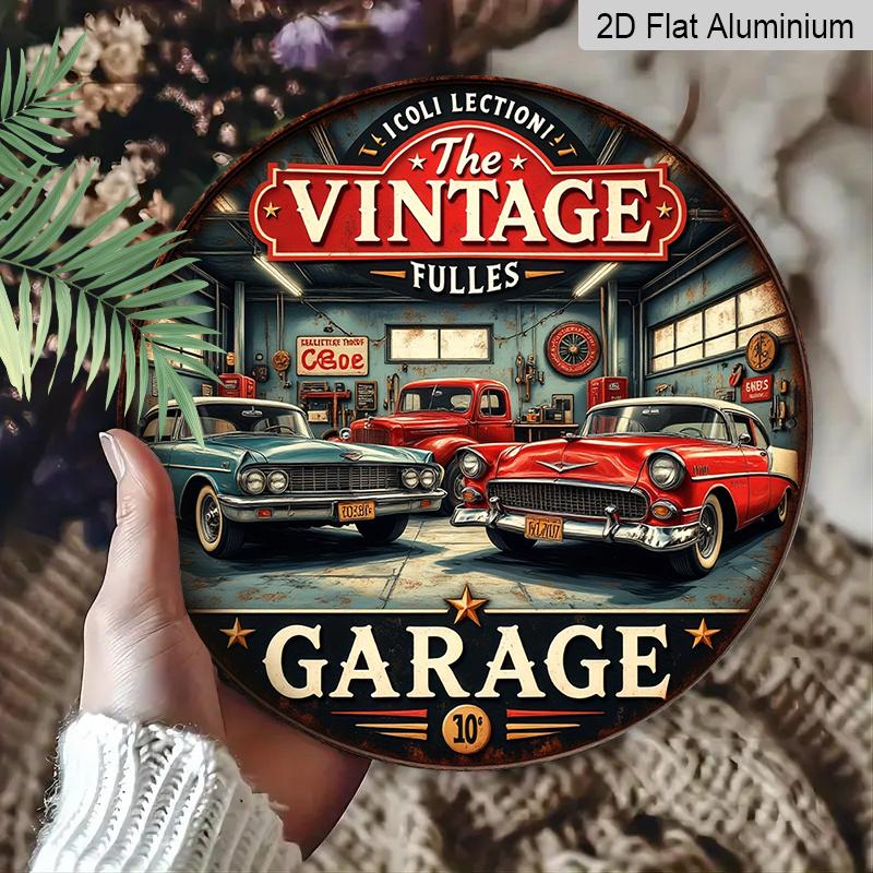 2D Flat, 1pc Vintage Aluminum Round Wall Plaque - Retro Garage Metal Sign with Classic Cars & Tools Design, Americana Decor for Bars, Cafes