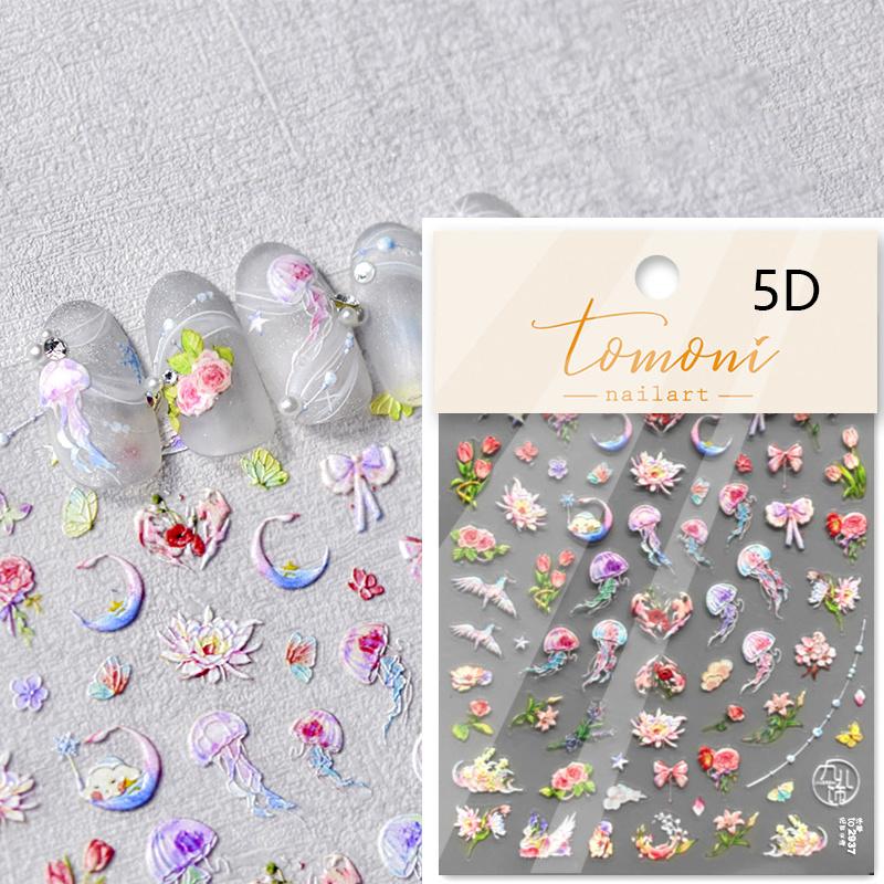 5D Fantasy Green Lotus Nail Sticker High Quality Embossed Lily Flower Pearl Rhinestone Self-Adhesive Nail Art Decorative Sticker