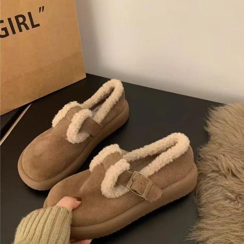 Fashion 2025 Frosted Leather Thick-soled Brown Velvet Boken Shoes Autumn Winter Snow Boots Women's Cotton Sneakers Wear Fluffy Mary Jane