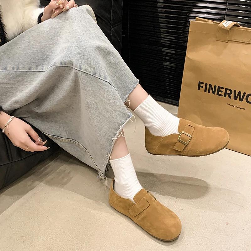 Fashion Casual Shoes Retro Leather Mule Clogs Slippers Outdoor Soft Cork Belt Buckle Slides Flat Shoes for Women 2025