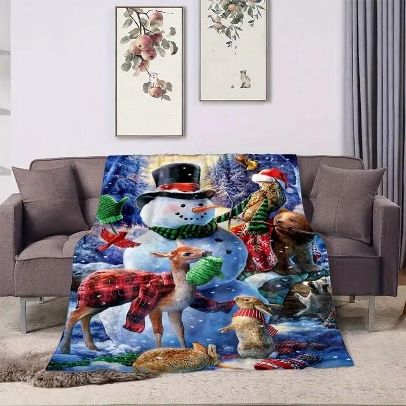 Coperta con Motivo Pupazzo di Neve e Animali Natalizi - Morbida Accogliente Poliestere per Tutte le Stagioni Casa Esterno Plaid Regalo per Famiglia o Amici