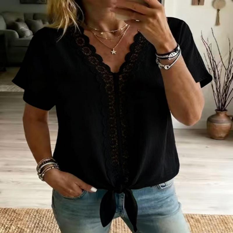 Women V Neck Short Sleeve Lace Patchwork Tie Knot Casual Blouse Shirt S чёрный