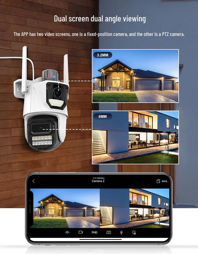 8MP Dual-Lens PTZ Outdoor Wireless Camera with HD, Motion Alarm, Mobile Monitoring, Waterproof Design