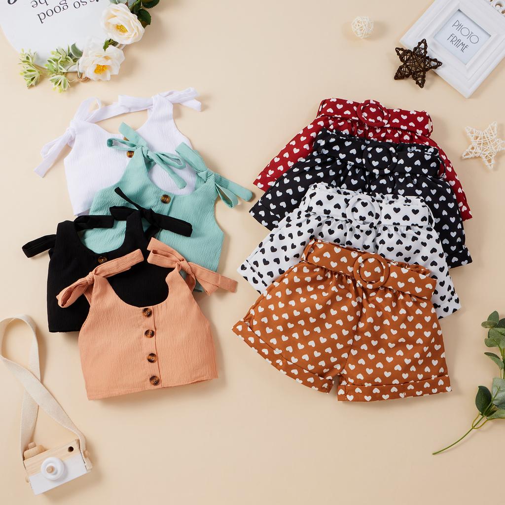 Toddler Baby Girls Sleeveless Solid Tops+ Love Printed Shorts Outfits Clothes