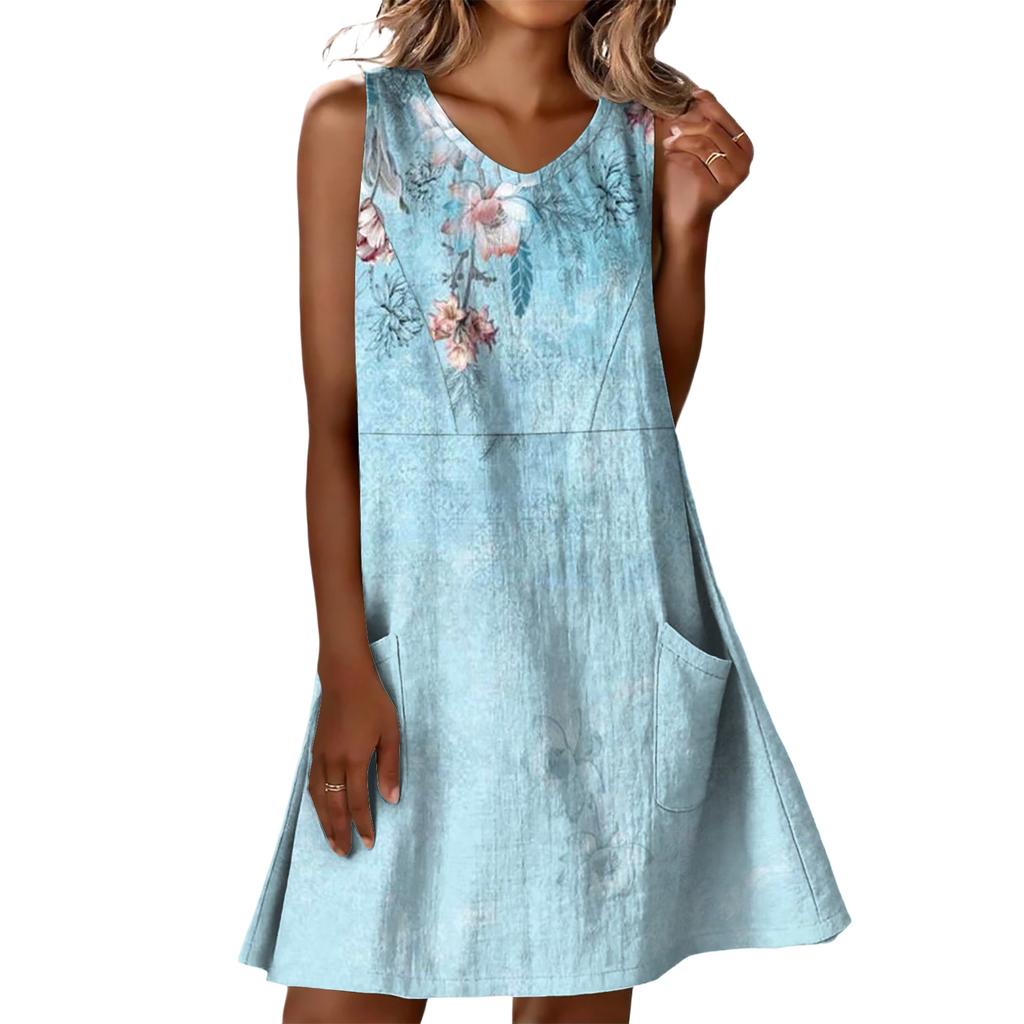 Summer Dresses For Women Loose Beach Vacation Casual Sleeveless V-neck  Sundresses With Pockets Tank Dress