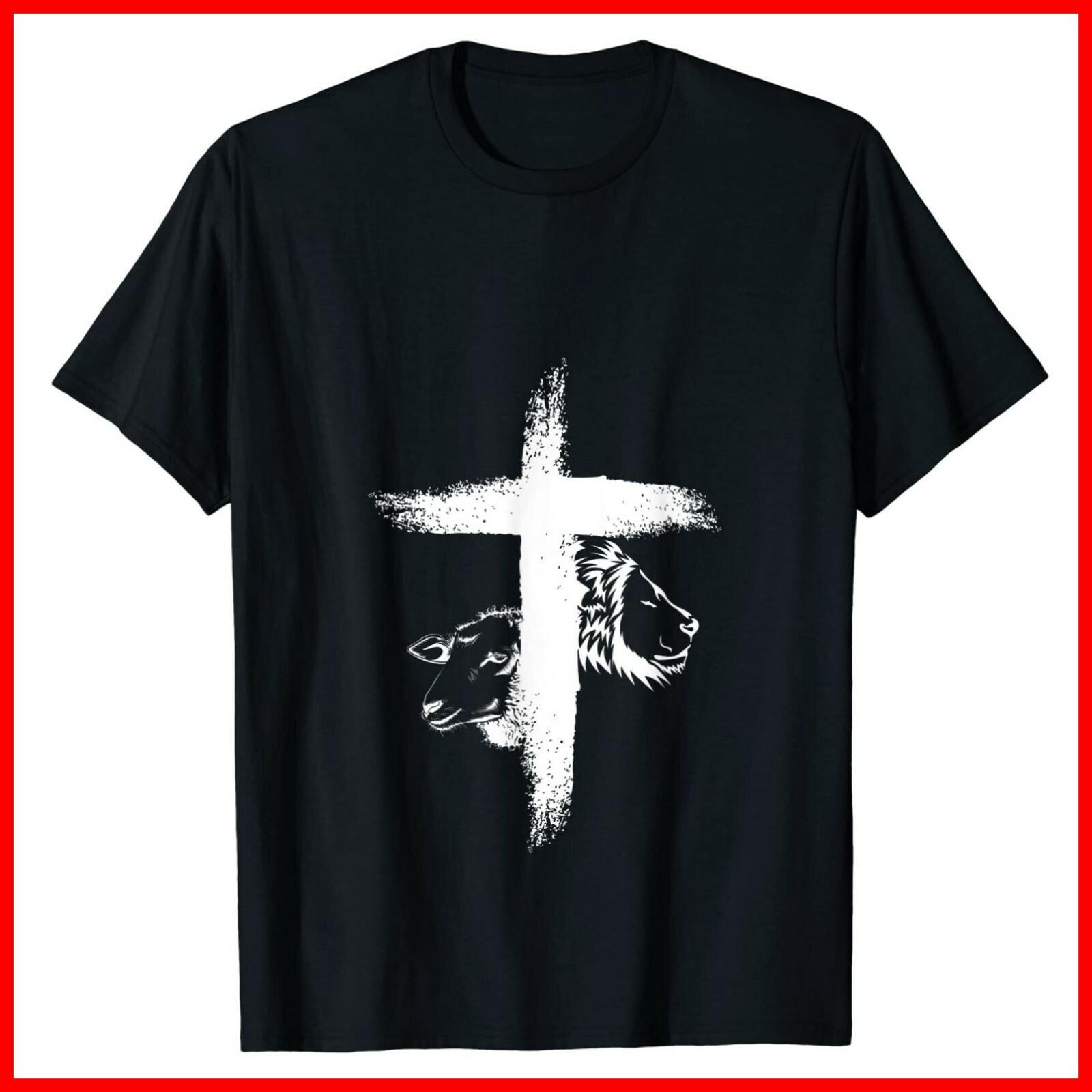 Lion And Lamb Cross Black Cotton T-Shirt S-3XL XXL