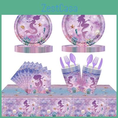 Dreamy Pink And Purple Mermaid Themed Party Tableware Set For Kids