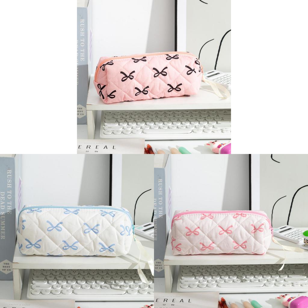 Large Capacity Fabric Pencil Bag With Bow Pattern For Students And Organization