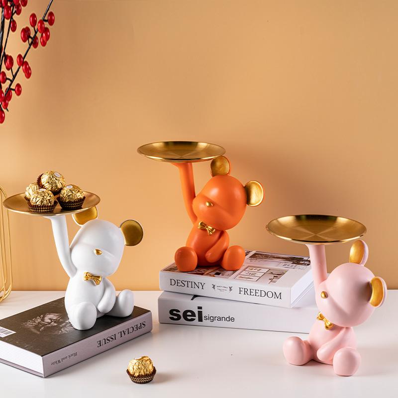 Nordic Home Decor Accessories Creative Bear Figurines Tray Decoration Storage Sculpture Resin Living Room Table Decoration Gift