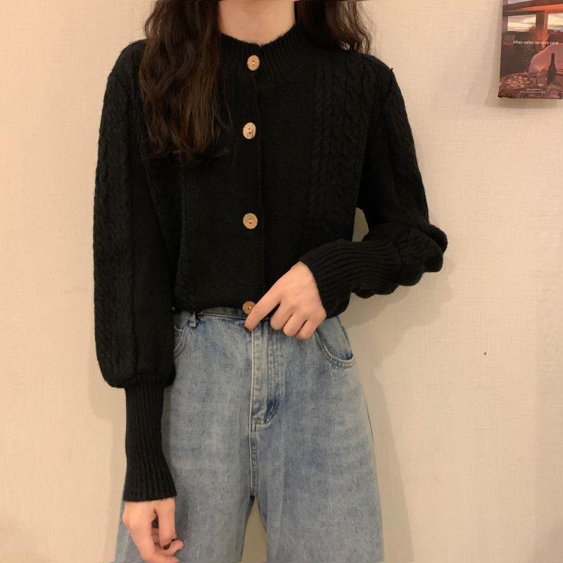 Cardigan Female Spring and Autumn 2023 Bubble Long Sleeve Fried Dough Twists Sweater Cardigan Loose Top Short Knit Coat Women
