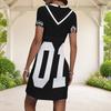 Women Plus Size Round Neck Short Sleeve White Orange Black Geometric Printed Fitted Mini Dress