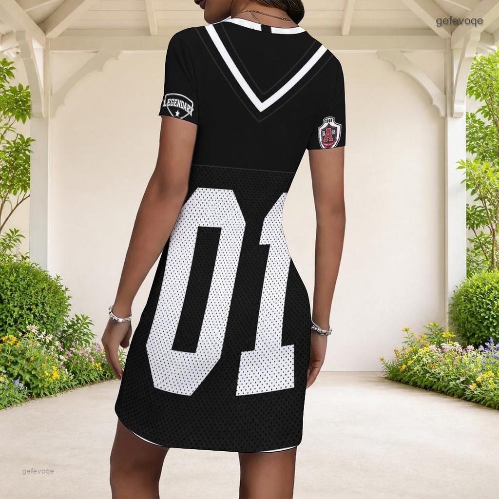 Women Plus Size Round Neck Short Sleeve White Orange Black Geometric Printed Fitted Mini Dress