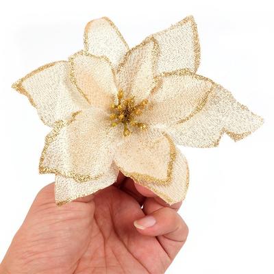 10Pcs Large Sequins Poinsettia Christmas Flowers 5.5inch Glitter Artificial Ornaments for Home Decorations And Christmas Tree
