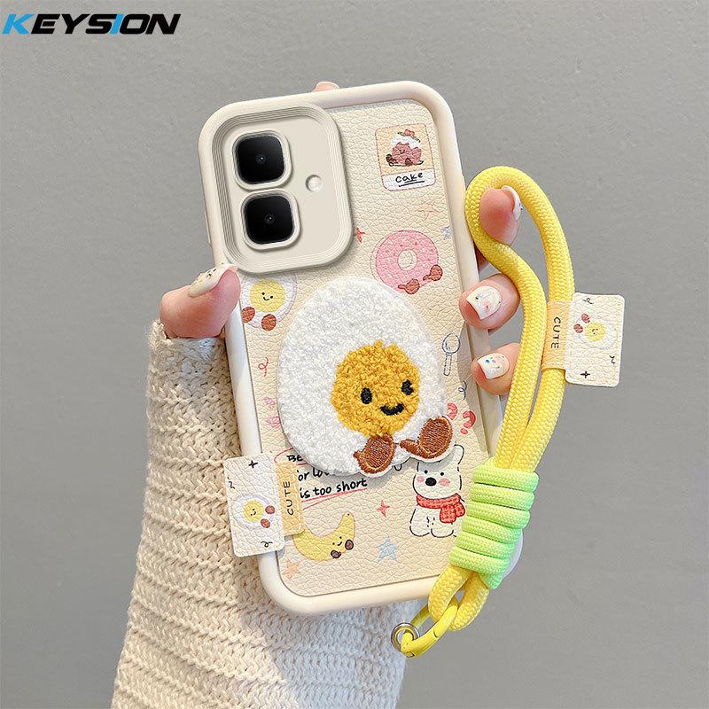 KEYSION Cartoon Cute Plush Embroidery Case for Infinix Smart 10 with Lanyard Silicone Shockproof Phone Cover for Infinix Smart 10