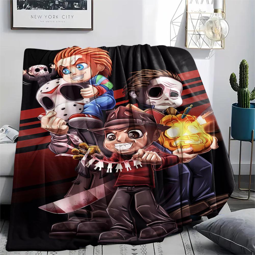 1PC Chibi Chucky Freddy Krueger Print Flannel Blanket, High quality All Seasons, Home Decor, Warmth and Comfort, Perfect for Christmas Gifts