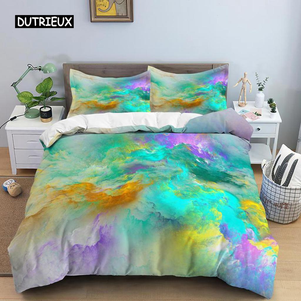 Colorful Cloud Duvet Cover Polyester Orange Yellow Purple Cloud Sky Quilt Cover for Teens Girls Abstract Theme Soft Bedding Set