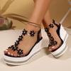 2025 Summer Women's Plus Size Fashion Wedge Sandals with Rhinestone Flower