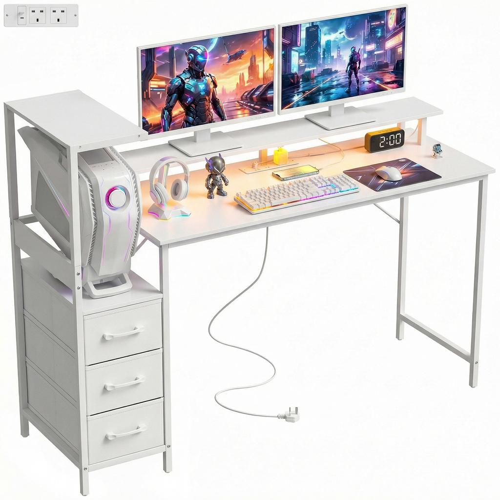 147cm Gaming Desk with Charging Station and Monitor Stand, Computer Table for Home Office with RGB Lights, White