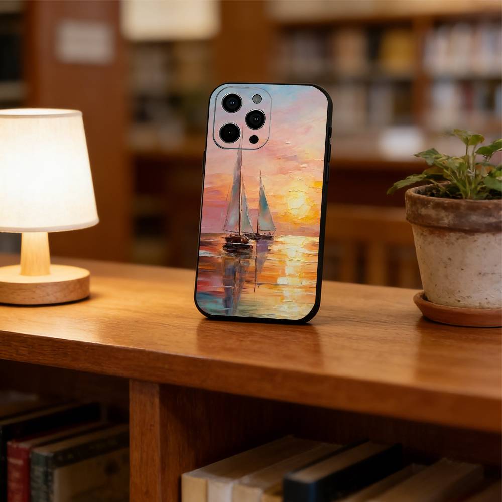 Oil painting sailboat Phone Case For iPhone 17,16,15,14,13,12,11 Plus,Pro Max,XS,Soft Silicone Black Cover