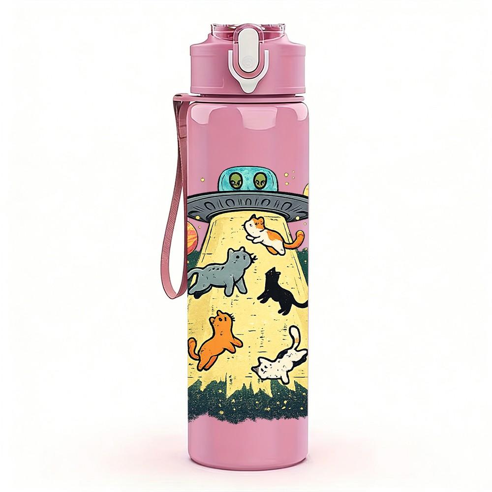 1PC Robot Space Character Cartoon Print 750ml Color Plastic Sports Water Bottle Leakproof Flip Straw Lid Suitable for Sports Office Home Use