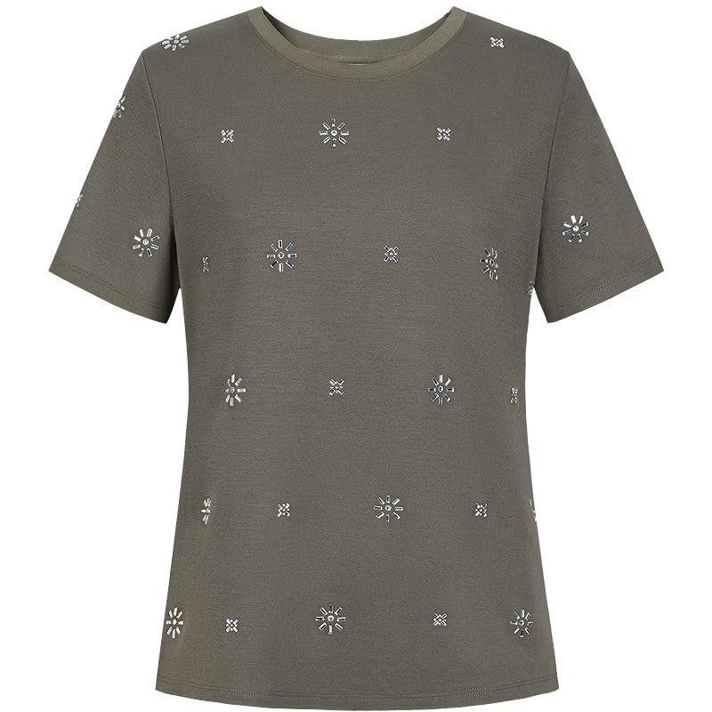 JUZUI Casual Sunflower Rhinestone Lyocell Short Sleeve T-Shirt L