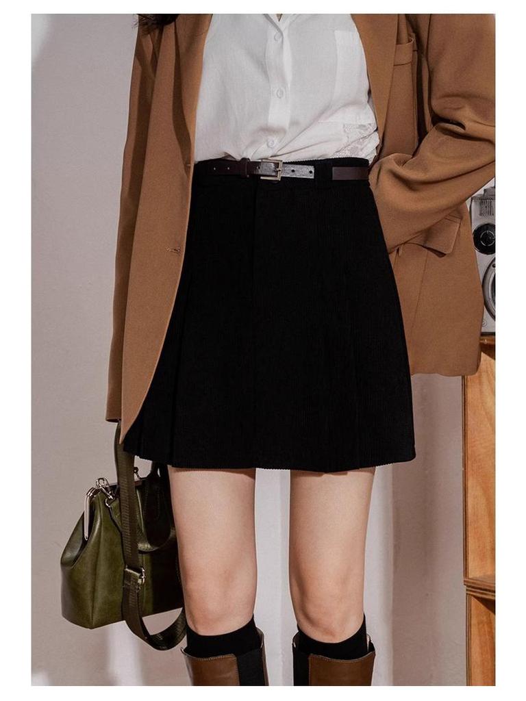 Autumn Corduroy High-Waist Pleated A-Line Mini Skirt for Women