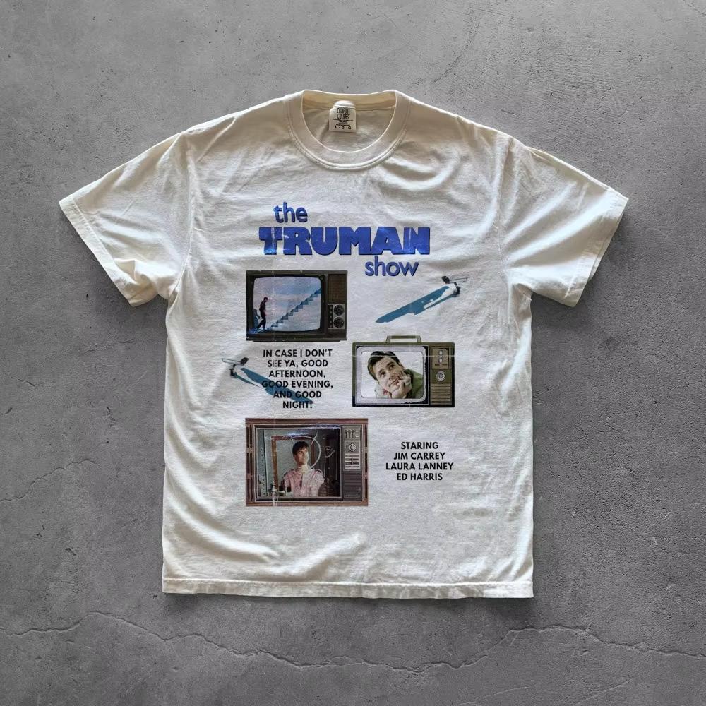 Men's New Retro Movie T-shirt From "Truman's World" with Printed Patterns, Street Fashion, Daily Wear