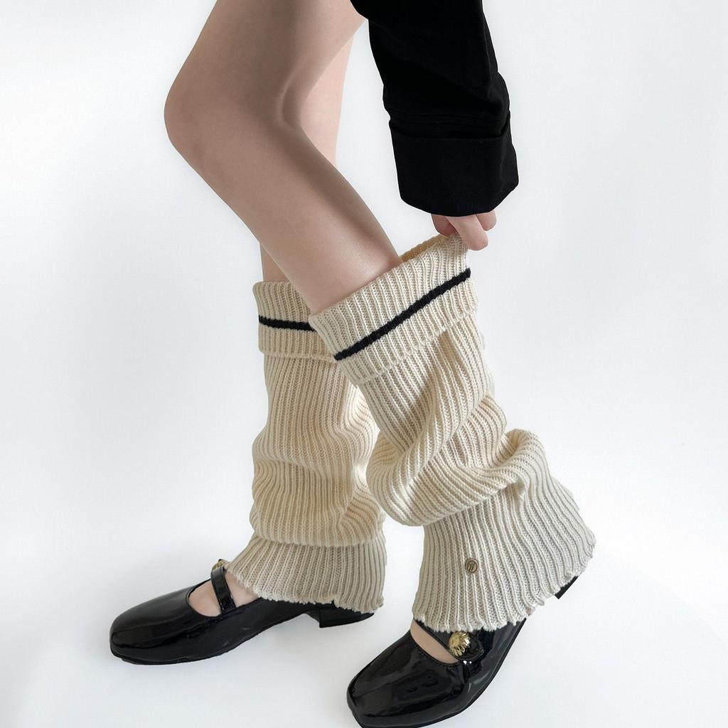 Metal Buckle Design Cuffed Loose Slouchy Leg Warmers for Women Autumn Winter Warm Striped Preppy Style