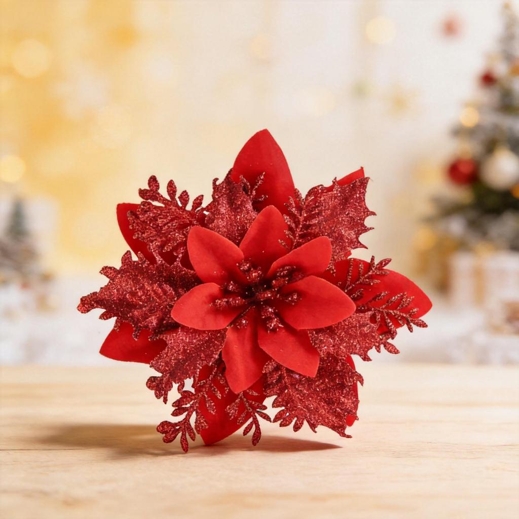 Gold Sparkle Christmas Floral Ornament Set: Three-Layer Simulation Flowers for Tree, Wreaths & Holiday Gifts