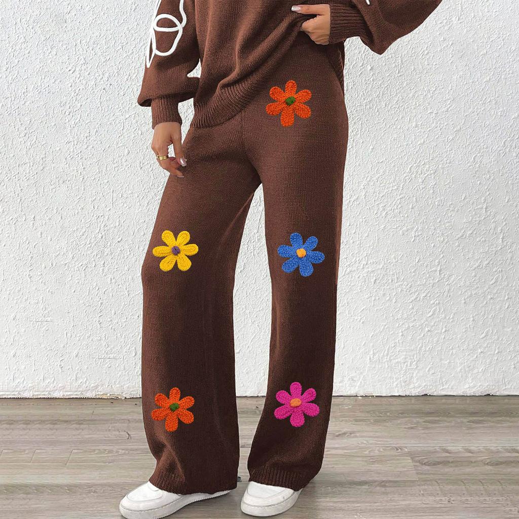 Women's Casual Embroidered Floral Patchwork Fashion Straight Leg Pants Wide Leg Pants Woven Wool Pants