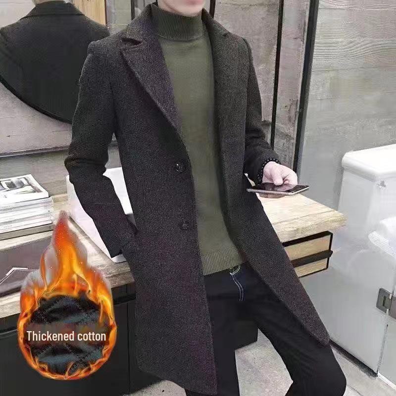 Men's Slim Fit Woolen Windbreaker - Korean Style, Mid-Length, Warm for Autumn and Winter