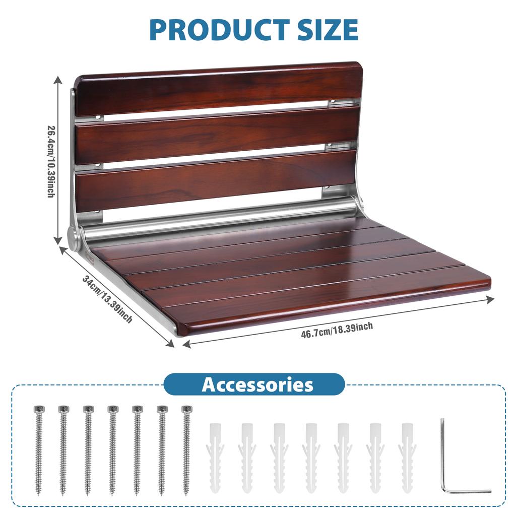 18 Inch Wood Shower Bench Wall Mounted Fold Down Shower Seat Shower Stool for Elderly and Disabled