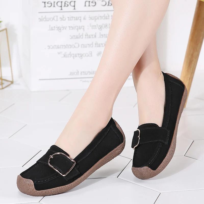 Autumn Comfortable Moccasins Loafers Ladies Soft Non-Slip Bean Walking Shoes British Style Fashion Cow Suede Casual Shoes Women