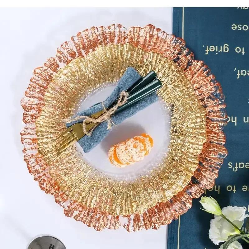 Transparent Golden Glass Tray Coral Reef Charging Board Round Dinner Set Plates and Dishes Wedding Christmas Decoration